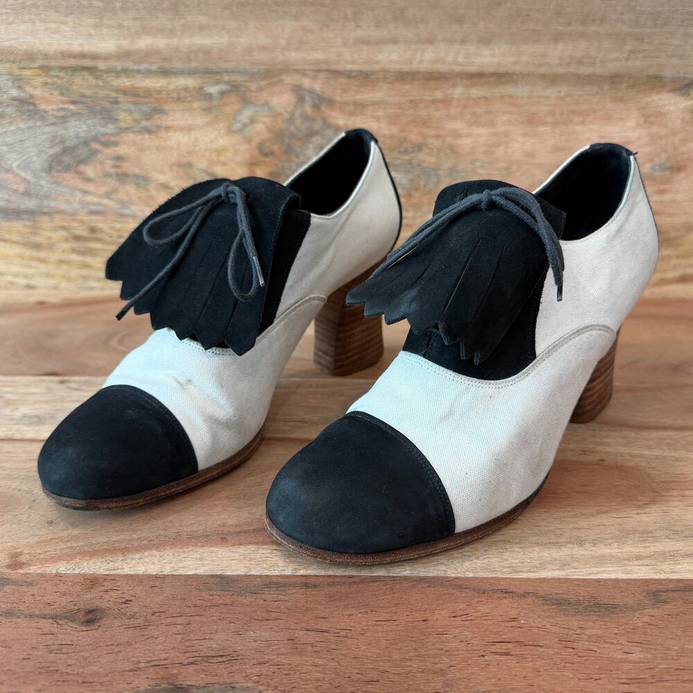 VINTAGE DKNY | 7 | Two-Tone Canvas & Suede Kiltie Fringe Block-Heel Oxford Pump